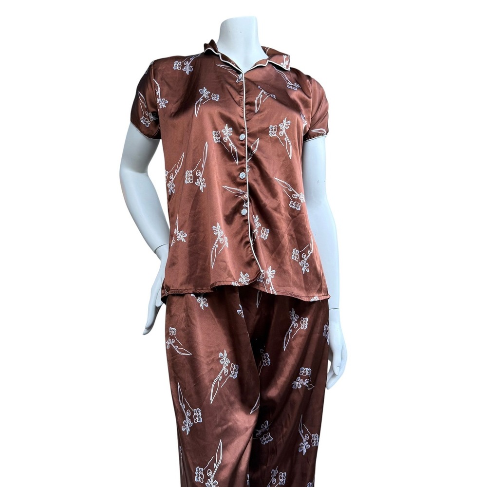 Minelli Satin Floral Pajama Set Chocolate Brown Sleepwear Loungewear Coquette S